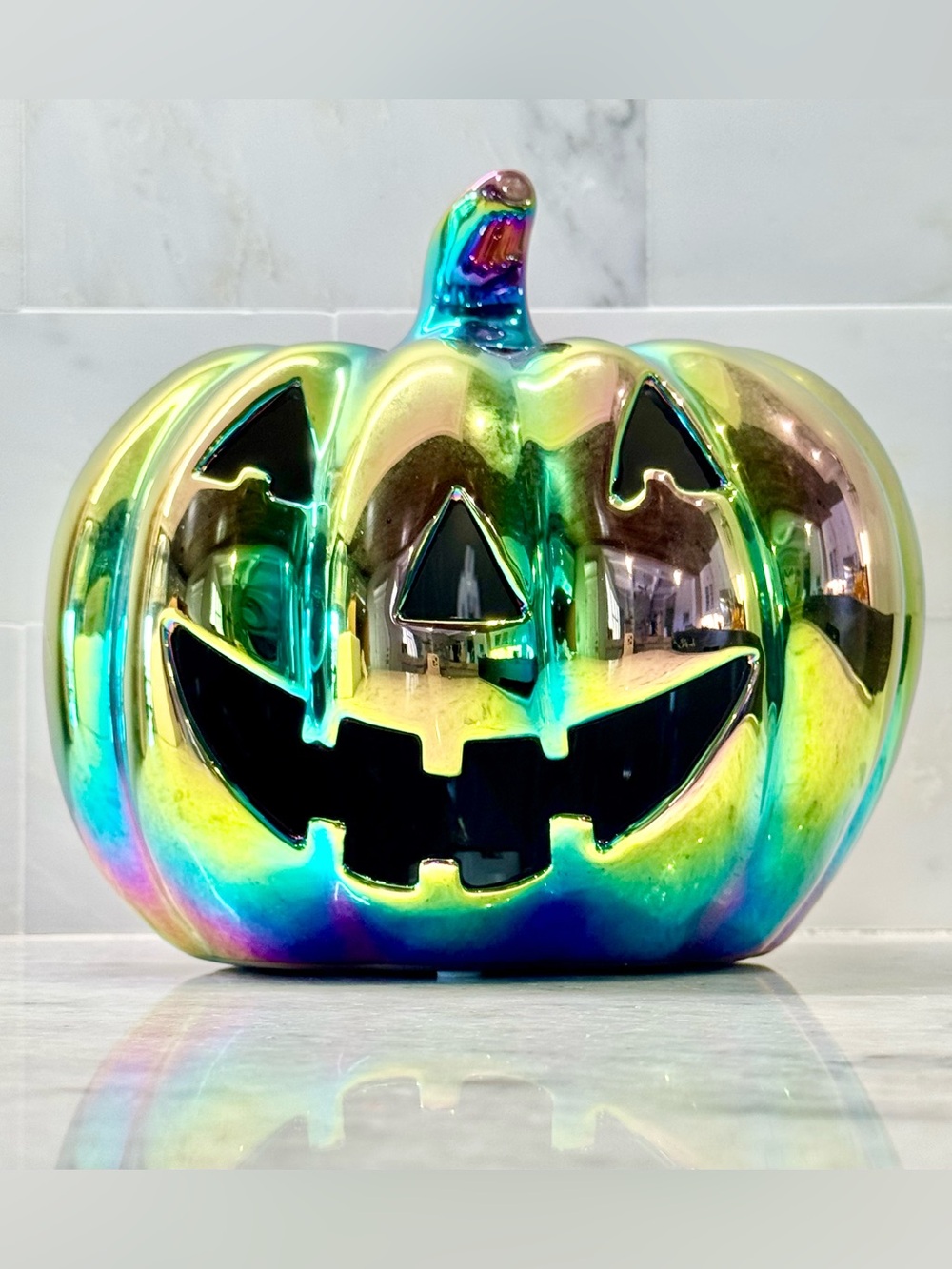 New Halloween Jack-o'-Lantern Light Up Iridescent Ceramic Pumpkin Decor - 7”